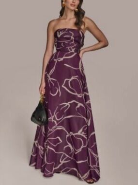 Donna Karan New York Abstract Print Strapless Gown Prune/Purple Sz 4 Maxi $349